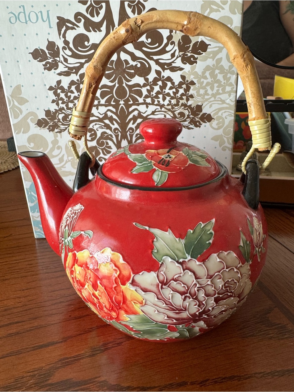 Pier 1 Imports Red Peony Floral Teapot Bamboo Handle Hand Painted Flowers